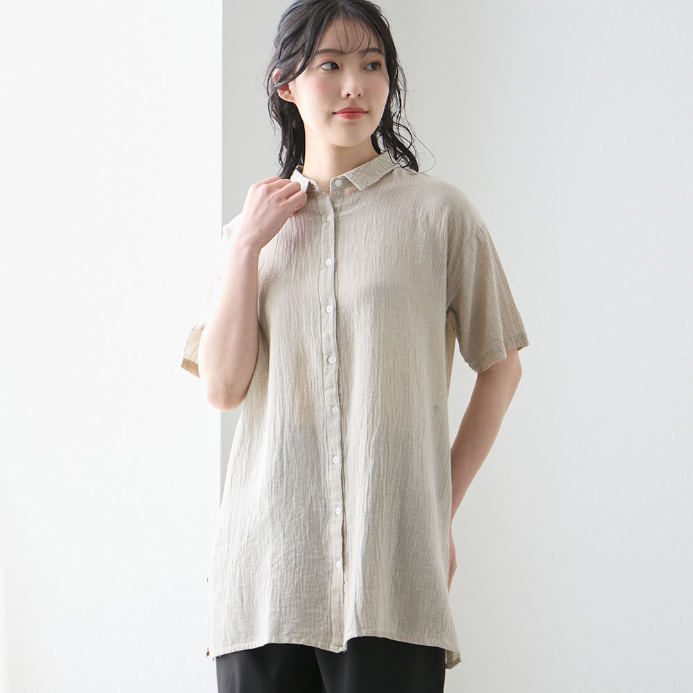 【ベルメゾン】綿麻素材のシャツチュニック 【ベルメゾン】綿麻素材のシャツチュニック
