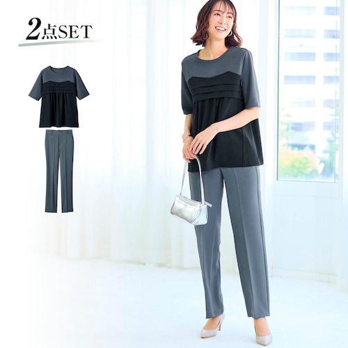 サーズデーワークコーデ（ビスチェ風切り替えベロアカットソー+週3パンツ）