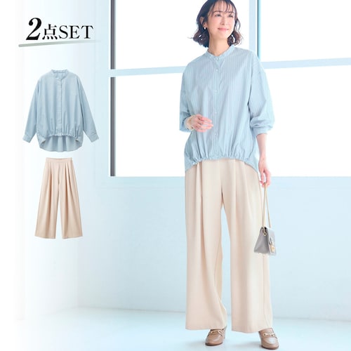 マンデーワークコーデ（ラメストライプシャツ+タックワイドパンツ）