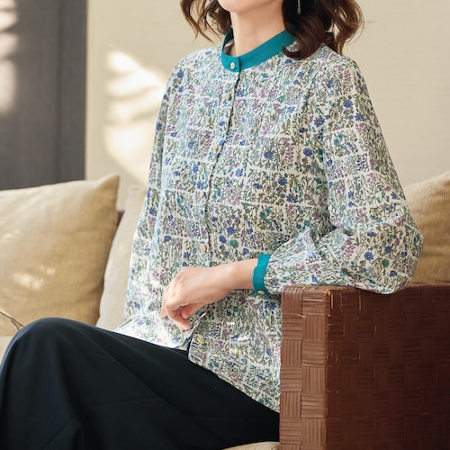 配色バンドカラーブラウス