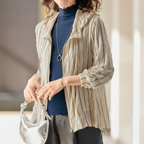 先染ストライプ綿楊柳フード付ジャケット