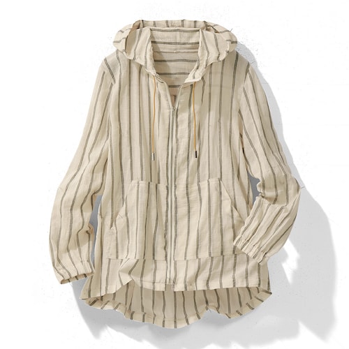 先染ストライプ綿楊柳フード付ジャケット