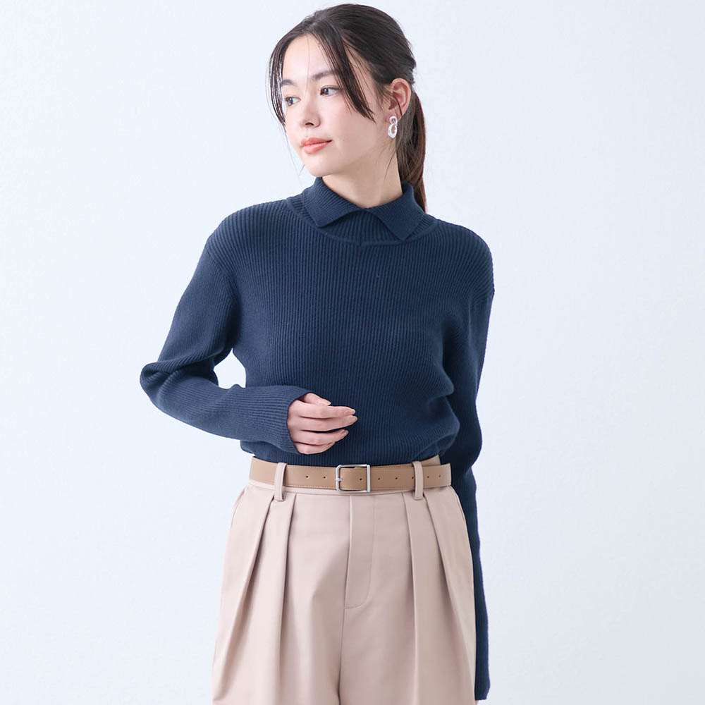 スッキリキレイ見え襟付きリブニット【洗濯機OK】 スッキリキレイ見え襟付きリブニット【洗濯機OK】