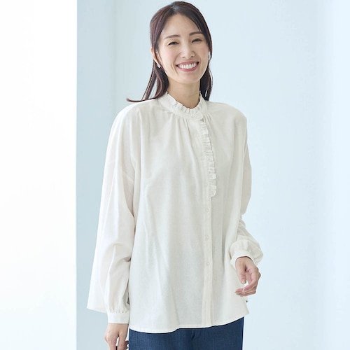 ネル素材前開きフリルブラウス
