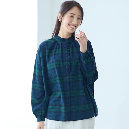 ネル素材前開きフリルブラウス