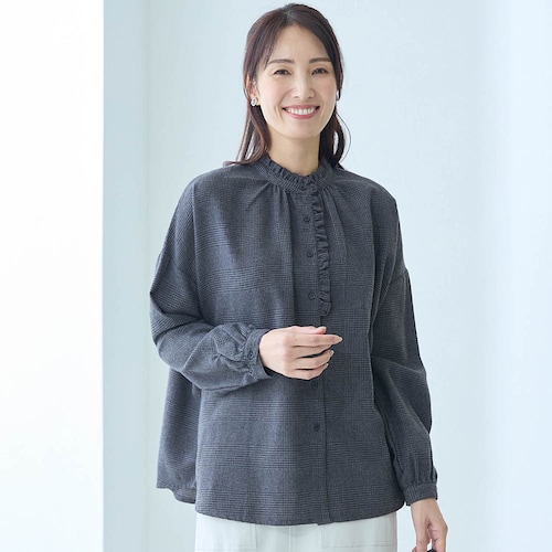 ネル素材前開きフリルブラウス