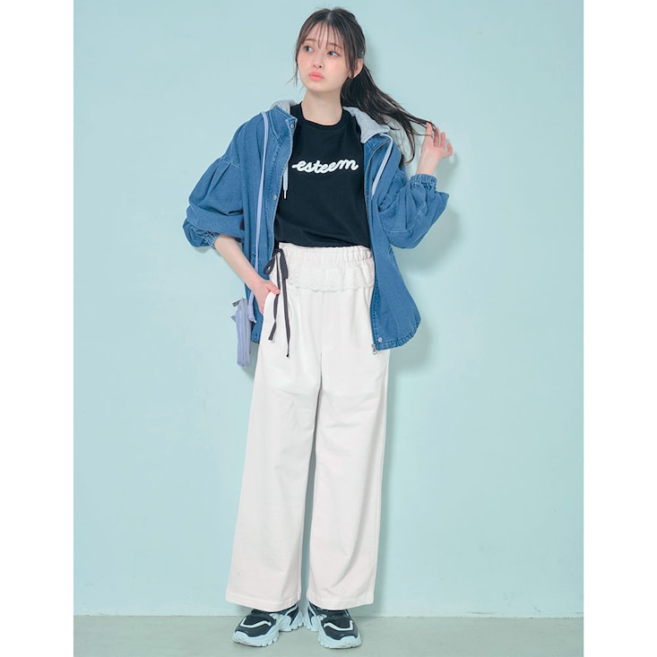 【高比良由菜・ゆなちゃんコラボ】サイドリボンレースデザインコットンスウェットワイドストレートパンツ(ウエスト調節可)【セットアップ可】 【子供ズボン】