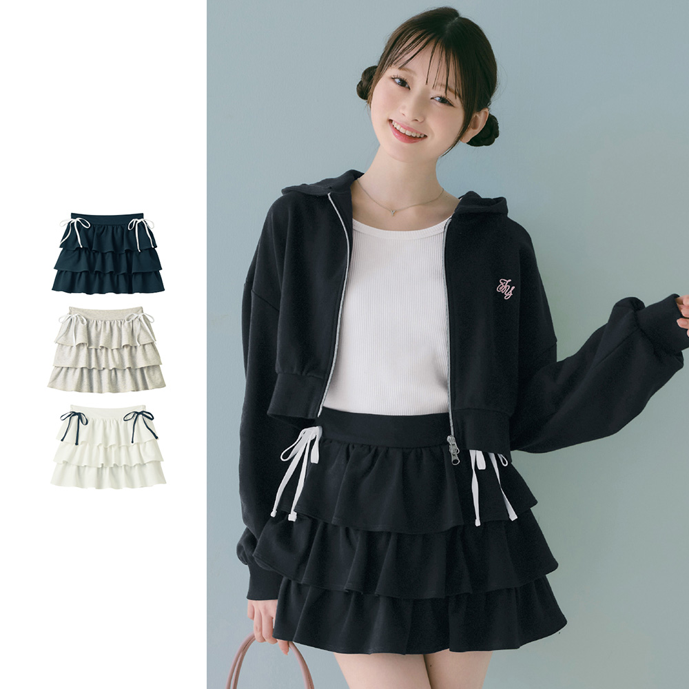 【パペル ラピス/Papel lapiz】【高比良由菜・ゆなちゃんコラボ】インナーパンツ付きサイドリボンコットンスウェットティアードミニスカート(ウエスト調節可)【セットアップ可】 【子供服】