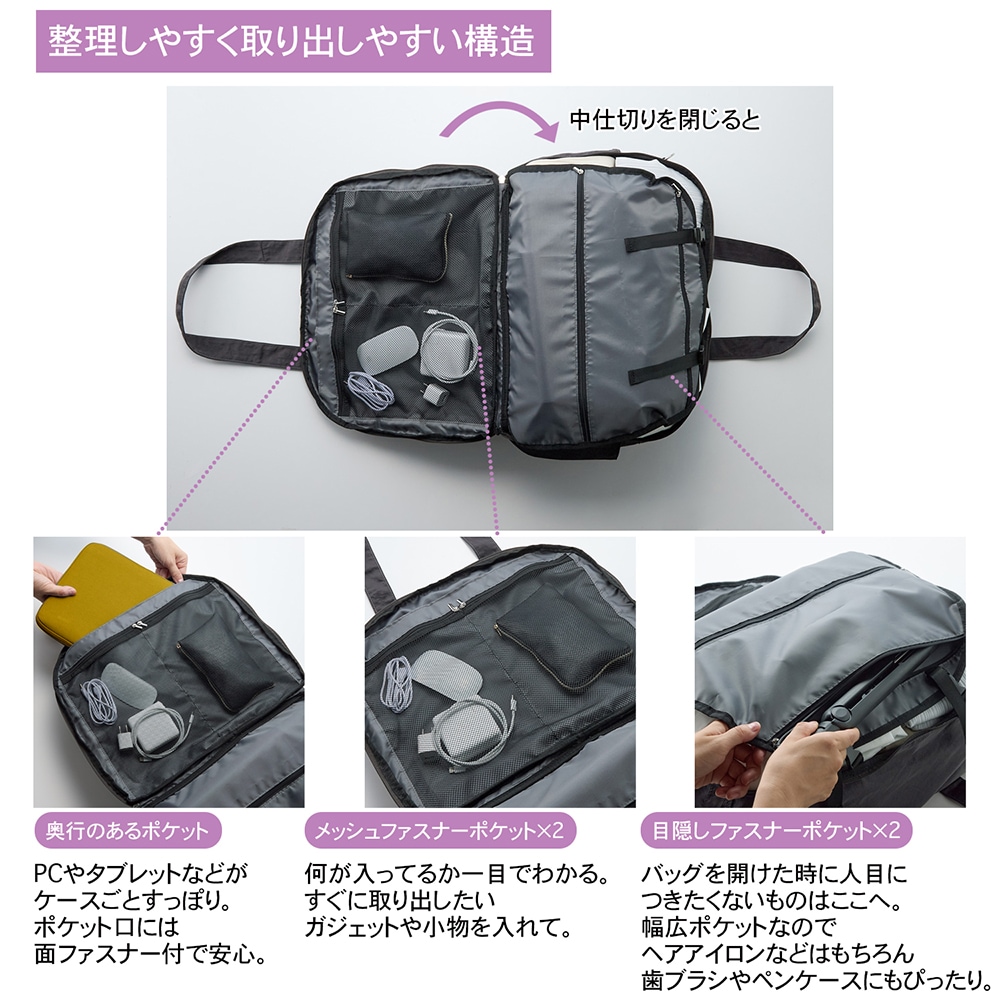 旅先での整理整頓もラク！荷造り上手な3WAYボストンバッグ