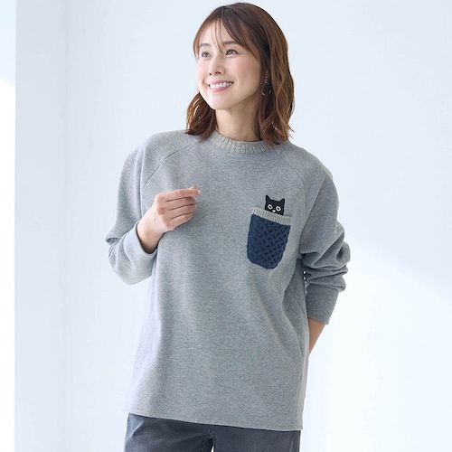 ネコ刺繍裏起毛プルオーバー