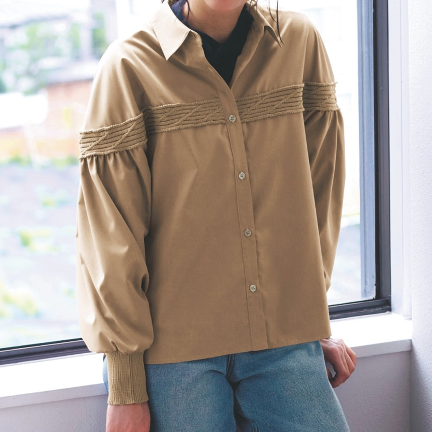 【ロウイング/Rowing】ニット切替えブラウス 【TV newsおかえり で着用されました】