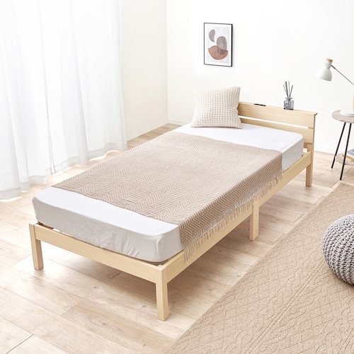 工具不要で組立簡単コンセント付きシングルベッド ＜マットレス付き＞【マットレスは圧縮ロールにてお届け】