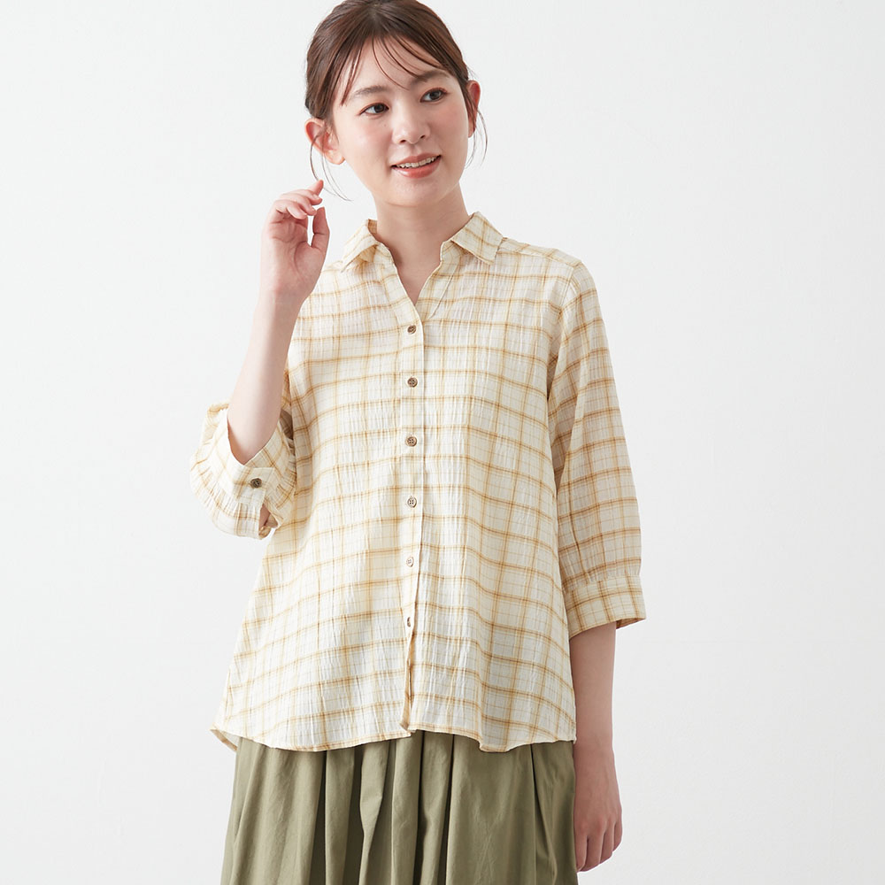 【ベルメゾン】洗って干してそのまま着られるV開き7分袖シャツ