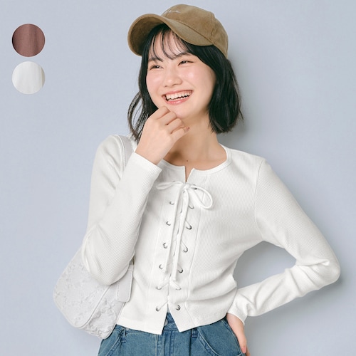 レースアップ綿混リブプルオーバー 【子供服 長袖】