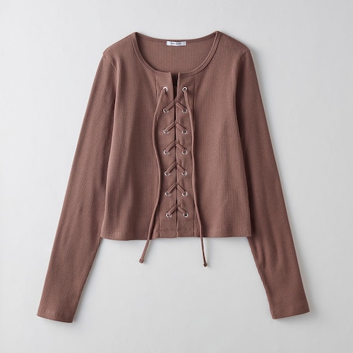 レースアップ綿混リブプルオーバー 【子供服 長袖】