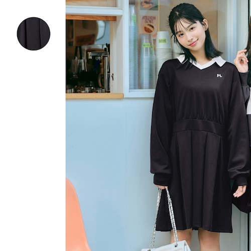 ボックスプリーツバイカラースキッパーデザインポロミニワンピース 【子供服 長袖】