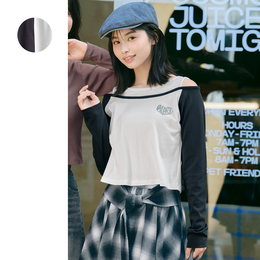【パペル ラピス/Papel lapiz】ラインストーンロゴショルダースリットレイヤード風ラグラン長袖綿Tシャツ 【子供服】