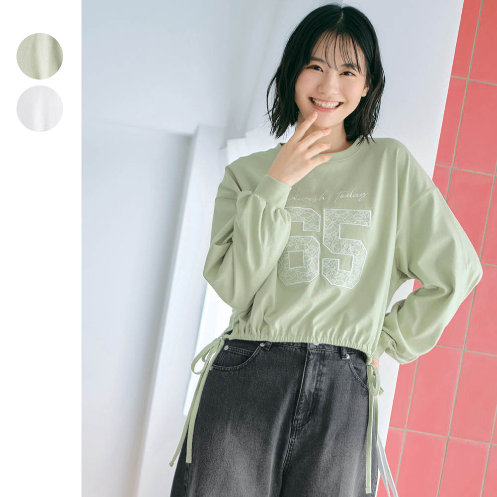 【パペル ラピス/Papel lapiz】ナンバリングレースワッペン裾リボンドロスト長袖綿Tシャツ 【子供服】
