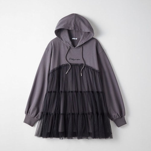 チュールレイヤード風フーディミニワンピース 【子供服 長袖】