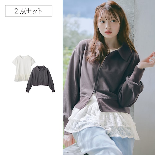 襟付きジップカーディガン＆レースレイヤード半袖Ｔシャツセット