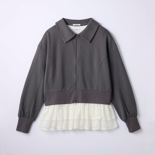 襟付きジップカーディガン＆レースレイヤード半袖Ｔシャツセット