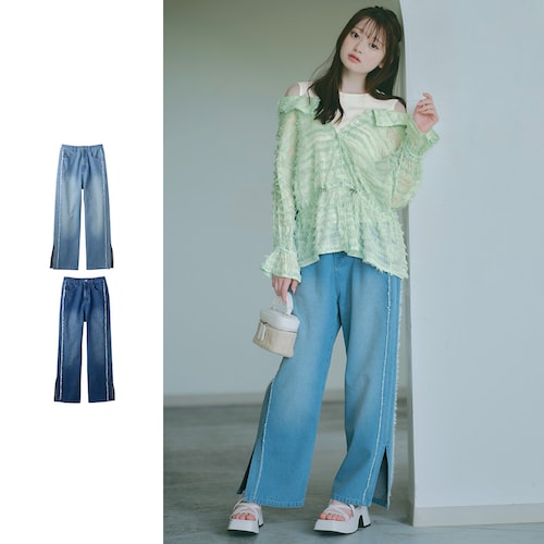 サイドフリンジワイドデニムパンツ(ウエスト調節可) 【子供ズボン】