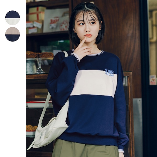 ラインリブ配色切替え綿ミニ裏毛プルオーバー 【子供服 長袖】