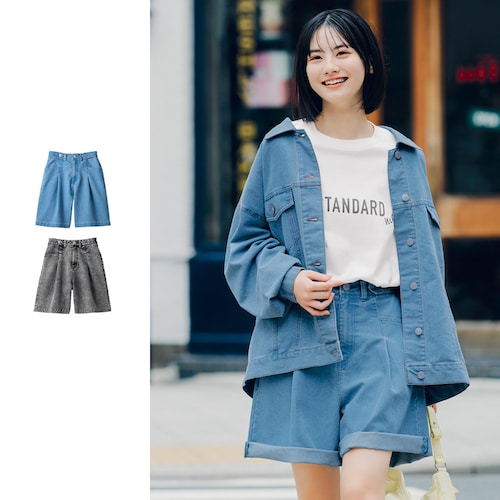 ウエストボタンワイドレッグデニムショートパンツ(ウエスト調節可) 【子供ズボン】