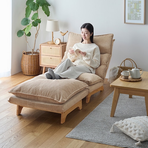 コーデュロイ生地の1人掛けハイバックローチェア・オットマン ＜頭部・背もたれリクライニング式＞