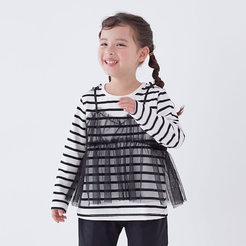 肩リボンチュールキャミレイヤード風長袖T シャツ 【子供服】