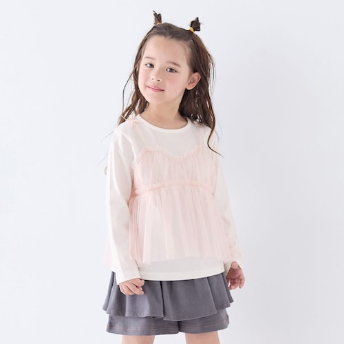 肩リボンチュールキャミレイヤード風長袖T シャツ 【子供服】