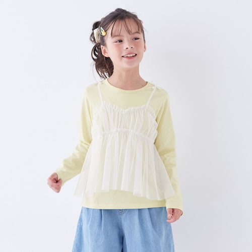肩リボンチュールキャミレイヤード風長袖T シャツ 【子供服】