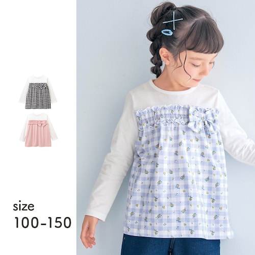 リボンデザイン切替えフレアチュニック 【子供服 長袖】