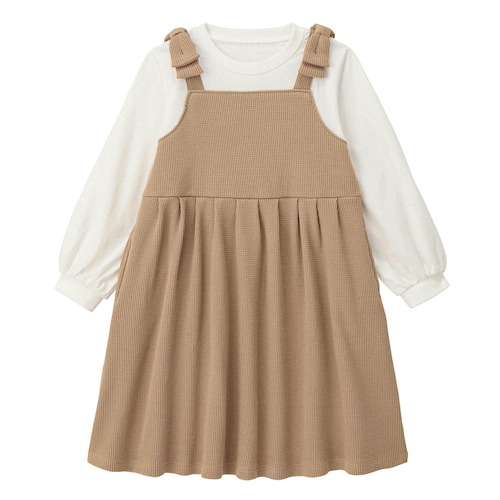 肩リボンワッフルジャンスカドッキングワンピース 【子供服 長袖】