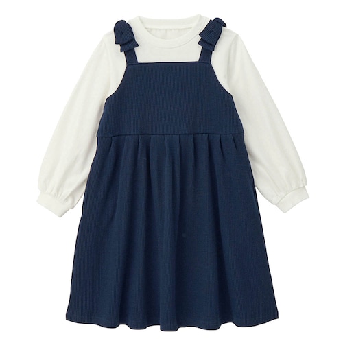 肩リボンワッフルジャンスカドッキングワンピース 【子供服 長袖】