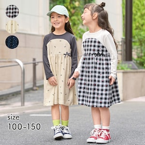 【ジータ/GITA】レイヤード風リボン付き総柄ベアワンピース 【子供服 長袖】