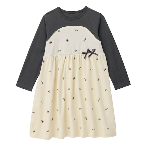 レイヤード風リボン付き総柄ベアワンピース 【子供服 長袖】
