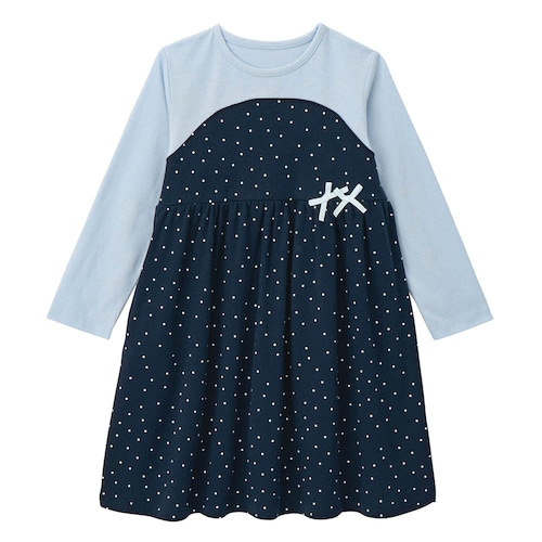 レイヤード風リボン付き総柄ベアワンピース 【子供服 長袖】