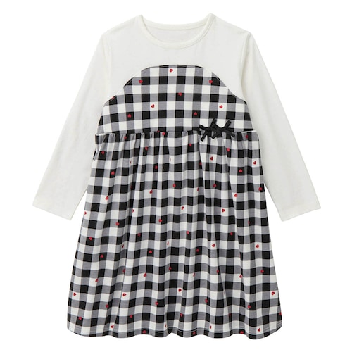 レイヤード風リボン付き総柄ベアワンピース 【子供服 長袖】