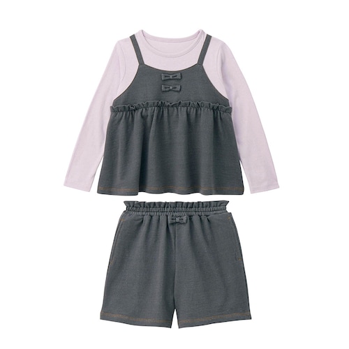 デニム風ニットリボンキャミドッキング長袖プルオーバー& ショートパンツセット 【子供服 長袖】