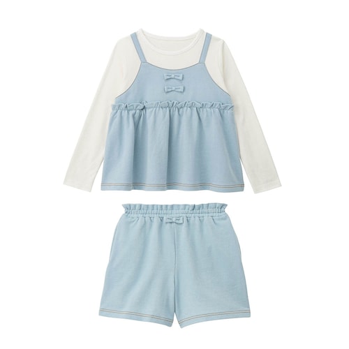 デニム風ニットリボンキャミドッキング長袖プルオーバー& ショートパンツセット 【子供服 長袖】