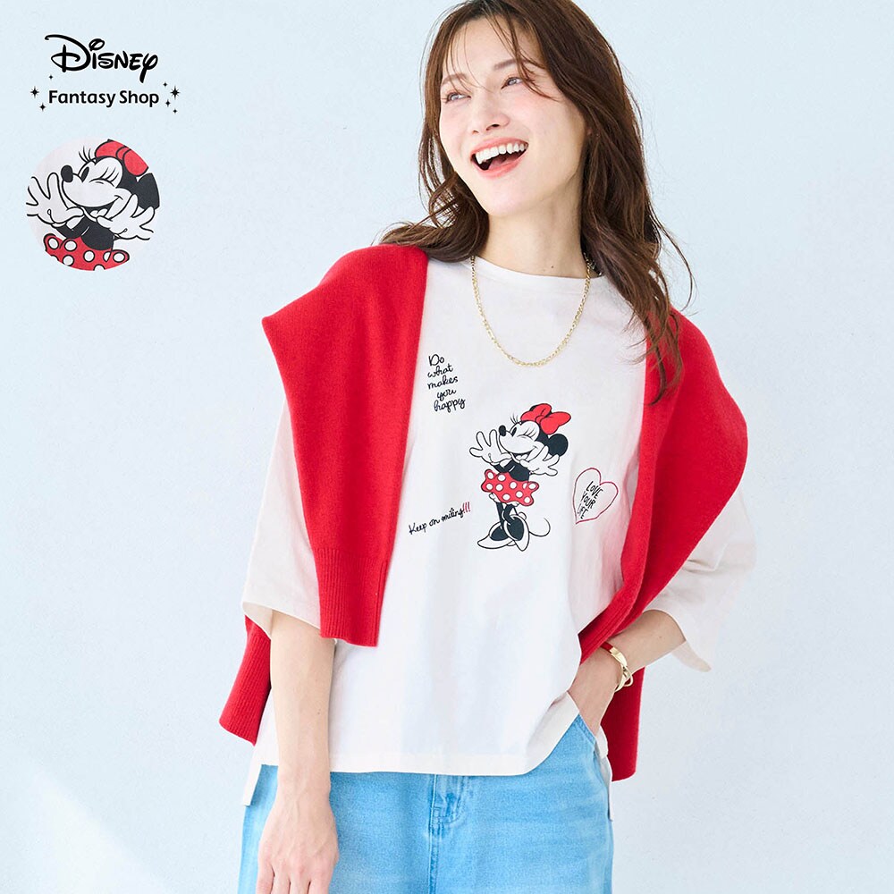 【ディズニー/Disney】プリント & 刺しゅう五分袖Tシャツ「ミニーマウス」