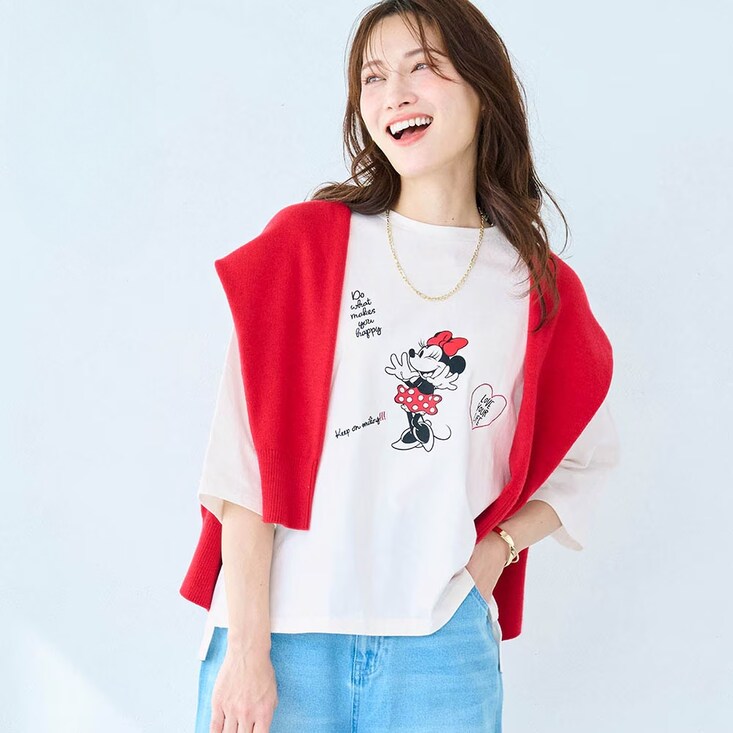 プリント＆刺しゅう五分袖Ｔシャツ「ミニーマウス」 ディズニー/Disney