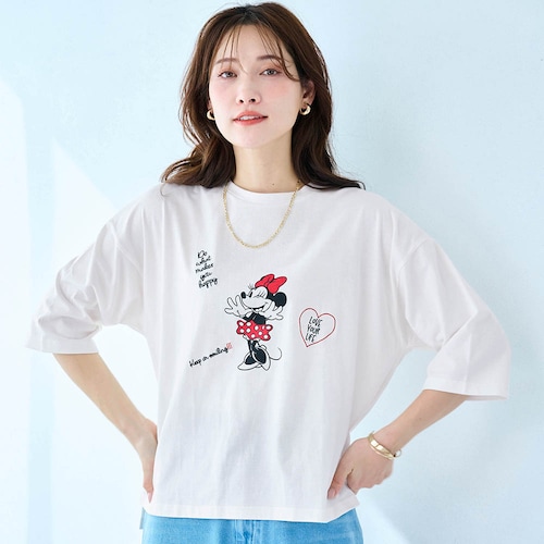 プリント＆刺しゅう五分袖Ｔシャツ「ミニーマウス」