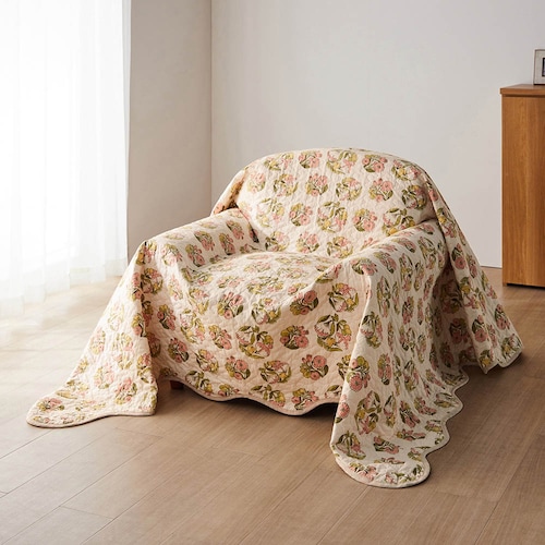 綿素材を使ったウォッシュキルトのマルチカバー・ソファカバー／春のブーケ 「ミニラボ」