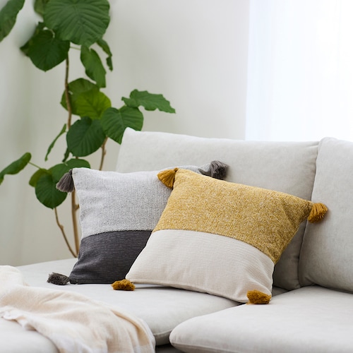 タッセル付き切り替えデザインのシンプルクッションカバー