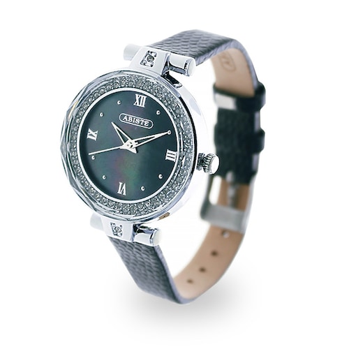 ラウンドフェイスクリスタル革ベルト腕時計