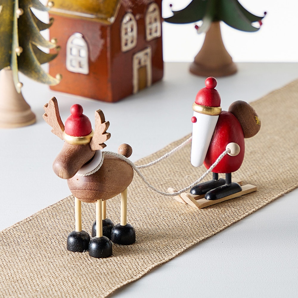 【ベルメゾン】【クリスマス】サンタとトナカイの木製オブジェ