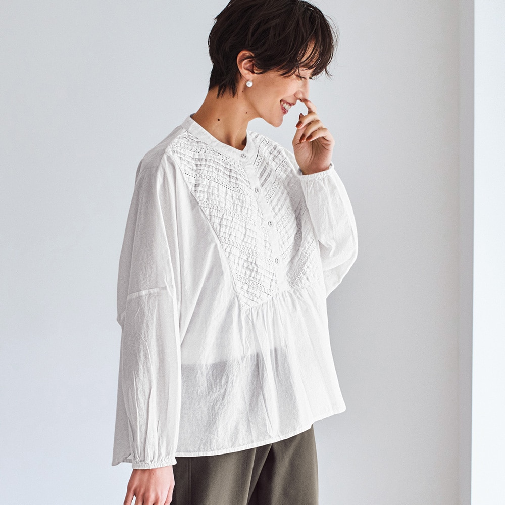 【ベルメゾン】ピンタック & レース使いブラウス