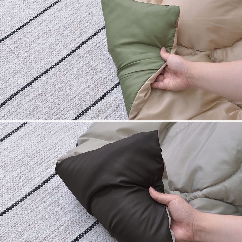 布団はカーキ/ベージュ、ブラック/ライトグレーのリバーシブルで両面使用できます